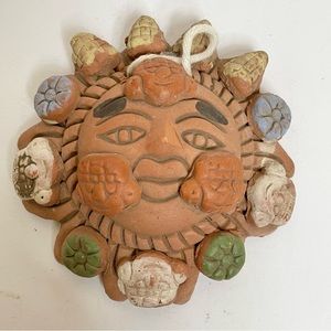 VTG Mexican Pottery Mayan Sun Mask Folk Art Christmas Tree Ornament Terracotta
